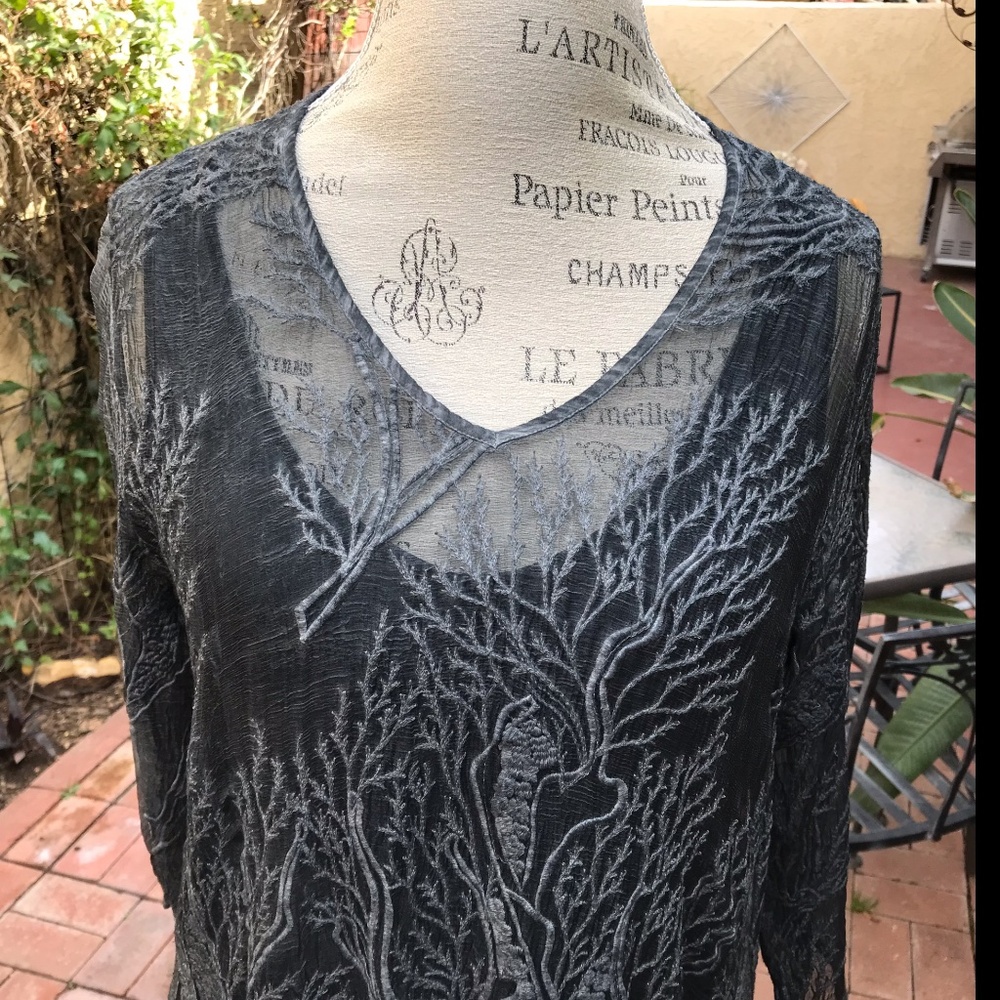 High End Boutique Slate Blue Gray Dress w/ Under-Dress Embroidered Coral Size S - Picture 1 of 16